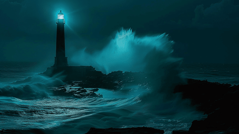 A lighthouse on a rock shining a beacon at night during stormy seas