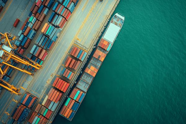 A bird's-eye view of a container ship unloading cargo at a port
