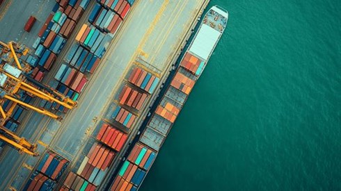 A bird's-eye view of a container ship unloading cargo at a port