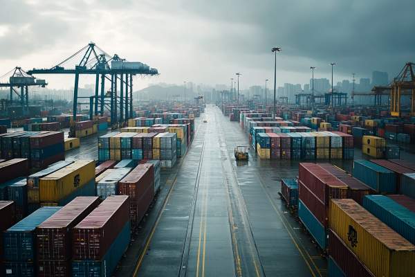 wide shot of a shipping port with cargo containers and a crane, city in background