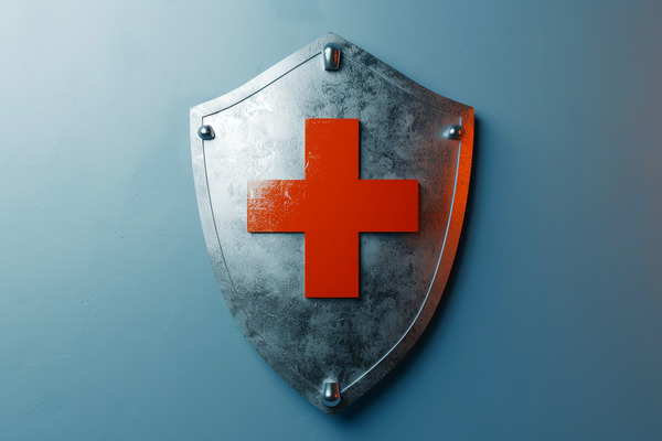 Metal shield with red medical cross symbol emblazoned on it