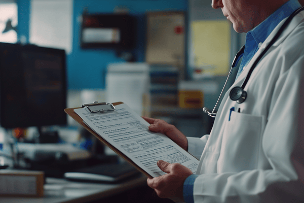 A doctor looks at medical paperwork on a clipboard