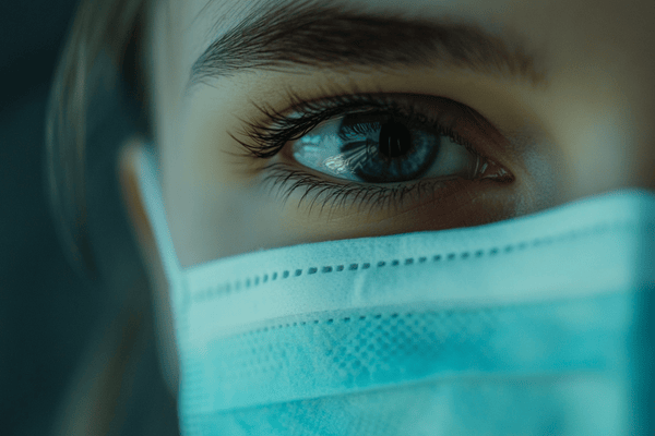 A close-up of the right side of a young woman's face while wearing a blue medical mask