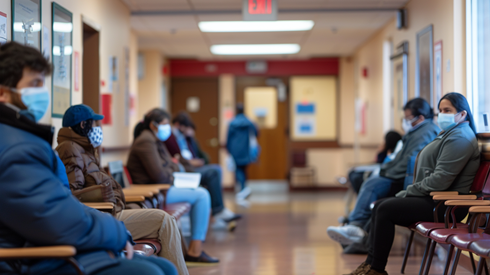 Patients maintain social distancing while wearing masks in a doctor's waiting room