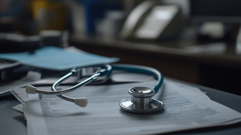 A stethoscope laying on top of paperwork on a desk