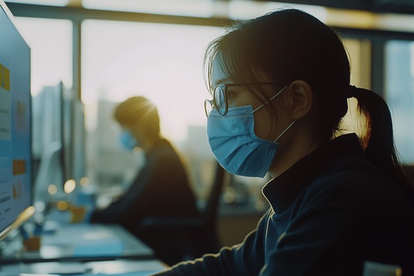 Two business professionals work in the office from a distance while wearing blue medical masks