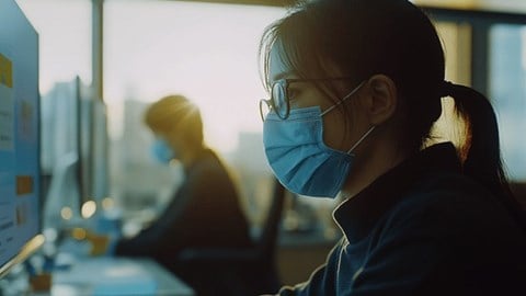 Two business professionals work in the office from a distance while wearing blue medical masks