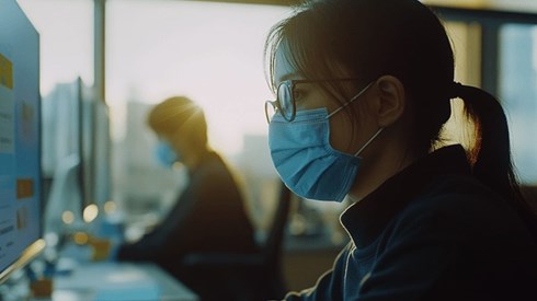 Two business professionals work in the office from a distance while wearing blue medical masks