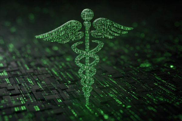 3D caduceus symbol in green binary code