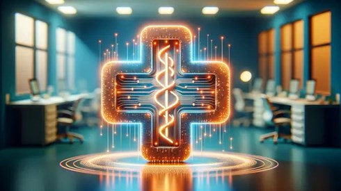 A digital first aid symbole hovers in a medical office