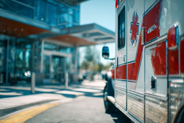 ambulance in front of a hospital entrance