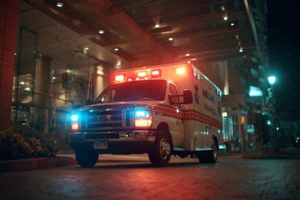 ambulance with blue and red lights parked outside a hospital emergency room at night