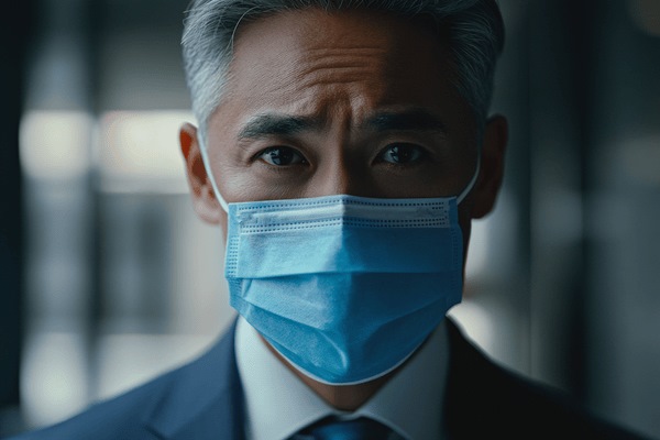 A close-up image of a businessman wearing a blue medical mask