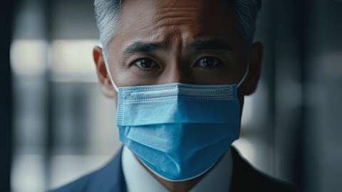 A close-up image of a businessman wearing a blue medical mask