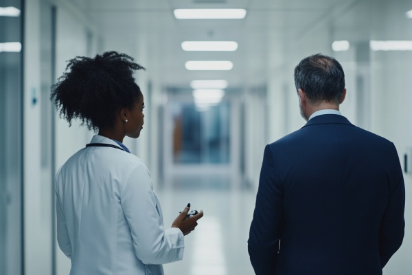 A doctor and businessman talking in the hallway of a hospital