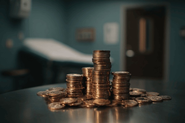 A pile of coins on a table in a doctor’s exam room