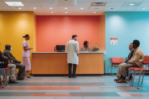 colorful doctor's waiting room with a doctor standing at the desk and patients sitting