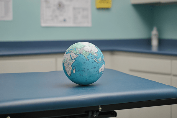 A globe sitting on top of a medical exam table