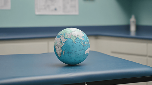 A globe sitting on top of a medical exam table