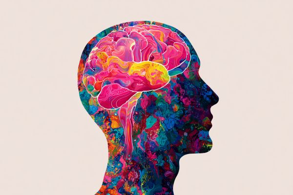 illustration of a human head profile made of vibrant swirling colors