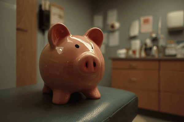 A pink piggy bank in a doctor’s exam room