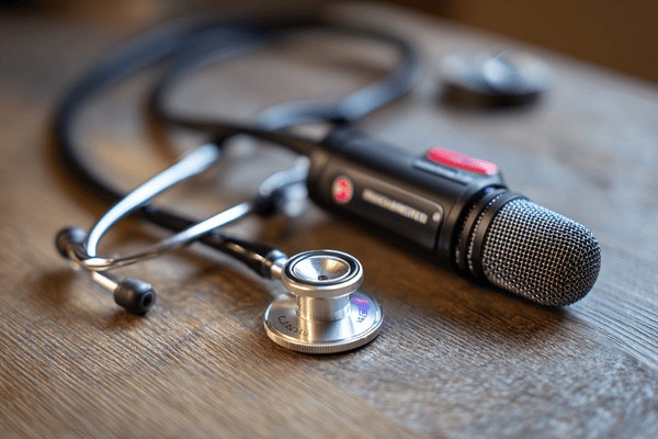A stethoscope next to a microphone on top of a wooden table