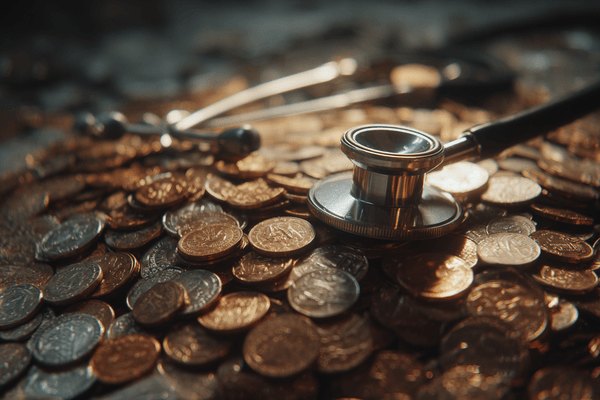 A stethosscope sitting on top of a pile of coins