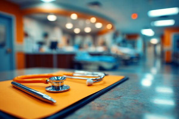 orange stethoscope and silver pen on a clipboard on a nurse's station countertop in a hospital