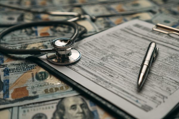 stethoscope and a pen on a clipboard with medical forms on top of hundred dollar bills