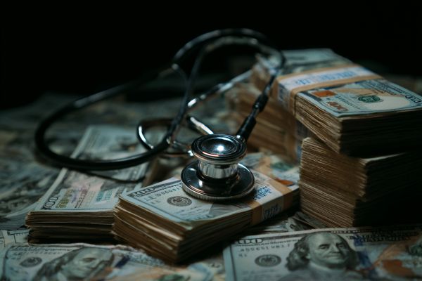 stethoscope draped over stacks of US hundred dollar bills