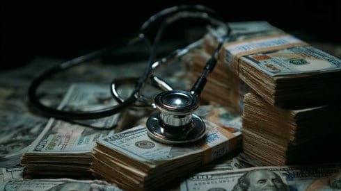 stethoscope draped over stacks of US hundred dollar bills