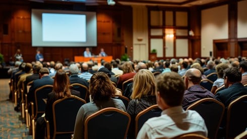 A packed audience sitting in chairs and listening to a panel of speakers in a large conference room.