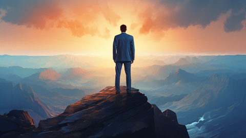 Businessman standing on mountain overlooking a mountain range