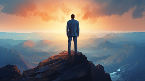 Businessman standing on mountain overlooking a mountain range
