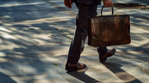 A businessman in a suit walking down a sidewalk while holding a brown leather briefcase.