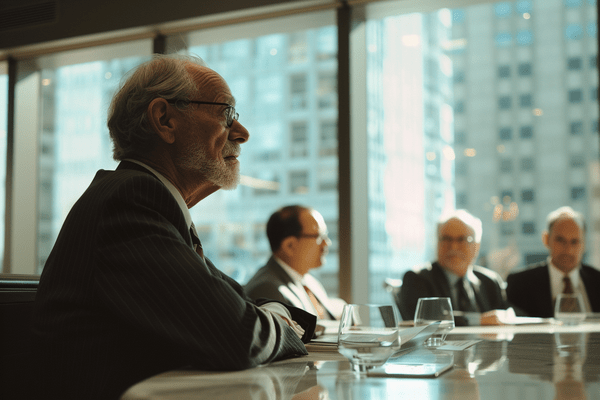 Multiple businessmen sit at a table in an office boardroom