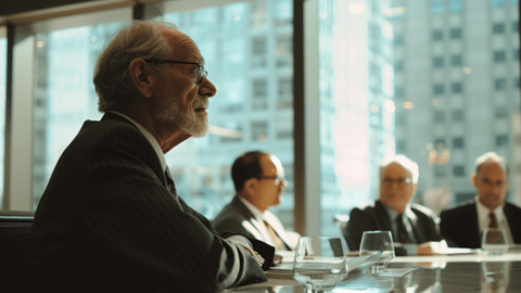 Multiple businessmen sit at a table in an office boardroom