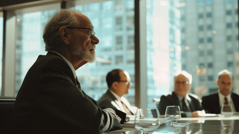 Multiple businessmen sit at a table in an office boardroom