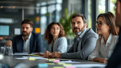 Business professionals sit around a conference table with papers and post-it notes