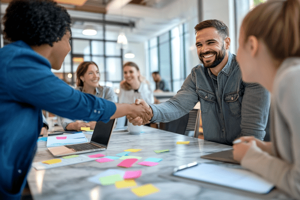 Business professionals shake hands across a table while their teams work together

