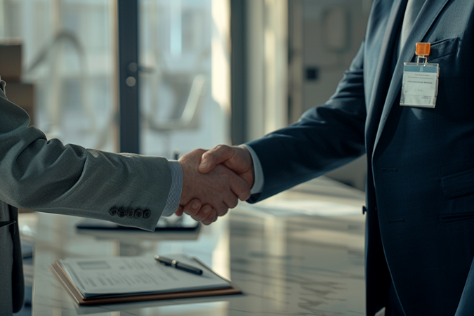 a businessman shakes hands with a man wearing a visitor's name tag in an office boardroom
