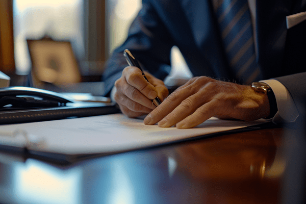 A businessman signing paperwork on his office desk