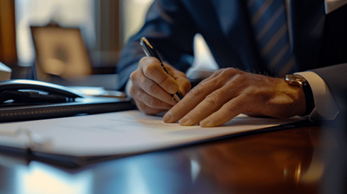 A businessman signing paperwork on his office desk