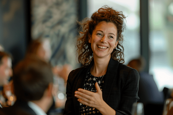 A businesswoman smiles while talking to seated coworkers in an office