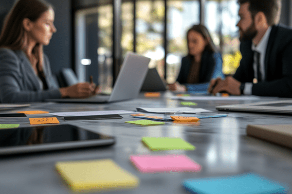Coworkers working together at an office table covered with post-it notes and laptops