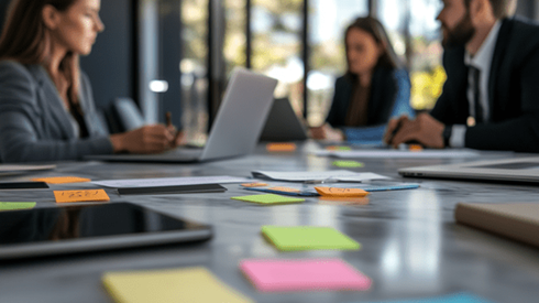 Coworkers working together at an office table covered with post-it notes and laptops