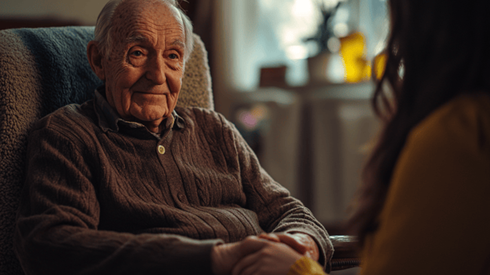 An elderly man smiles at his granddaughter