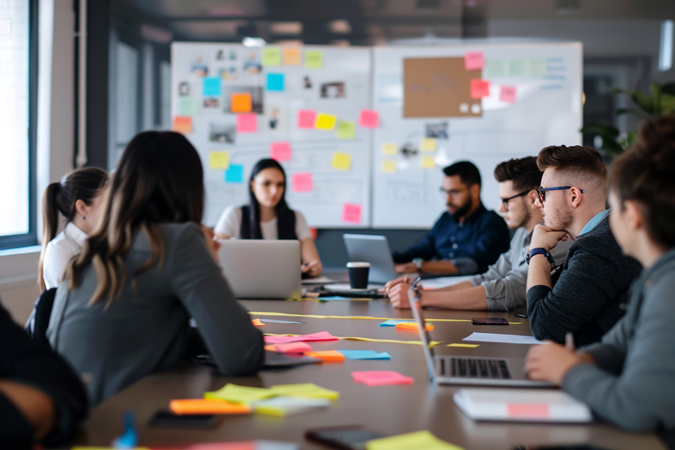 A team of professionals brain-storm ideas using laptops, stick notes, and a whiteboard in a conference room