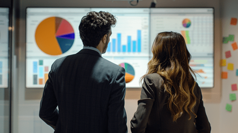 A businessman and businesswoman reviewing and talking in front of charts and graphs on a projector screen