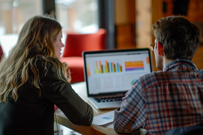 Two young professionals look at charts for reported information